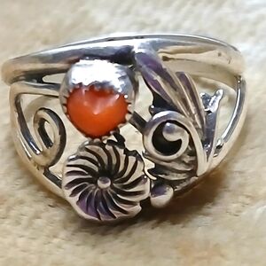 Native American Navajo Sterling Coral Flower Leaf and Swirl Dainty Ring